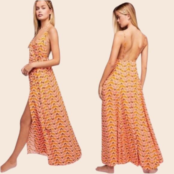 Free People Siren Orange Geometric Wrap Dress Size Small - Picture 3 of 15